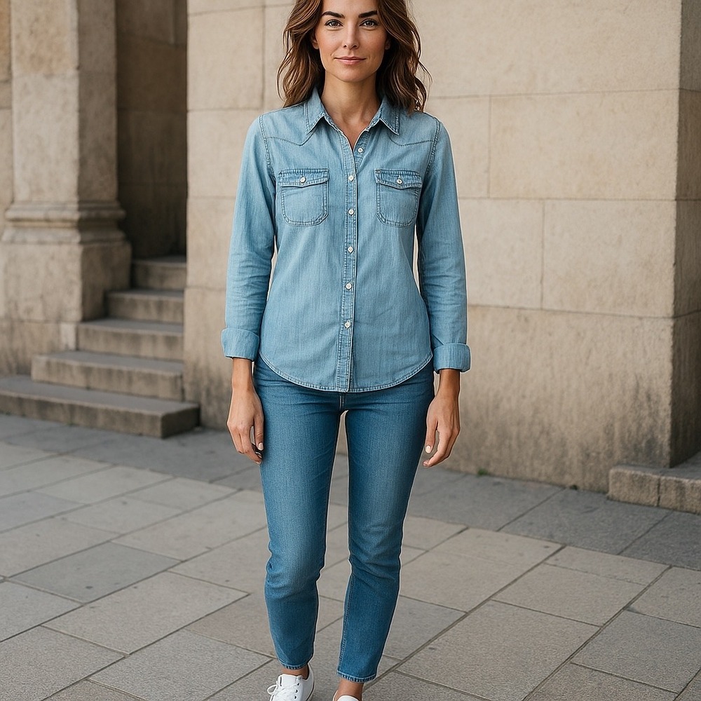 Stylus Womens Chambray Cotton Shirt M Denim‎ Button Down Minimalist Rodeo